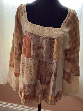 POL Boho Patchwork Peasant Top in Cream and Tan SMALL